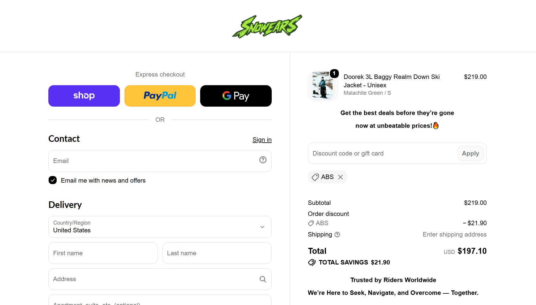 Where to enter Snowears coupon code at checkout