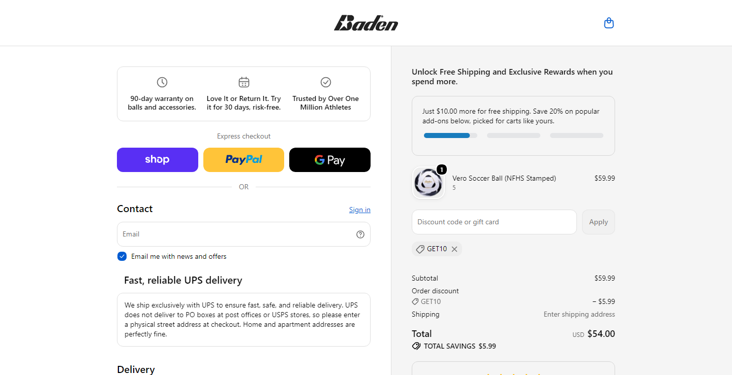 Where to enter Baden Sports coupon code at checkout