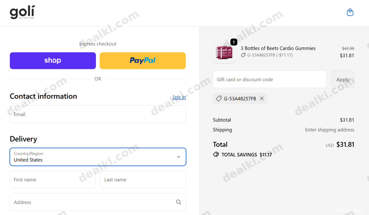 Where to enter Goli coupon code at checkout