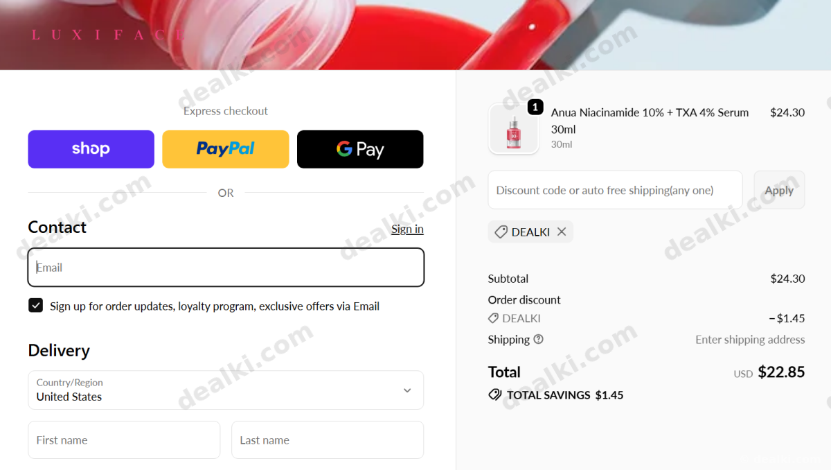 Where to enter Luxiface coupon code at checkout