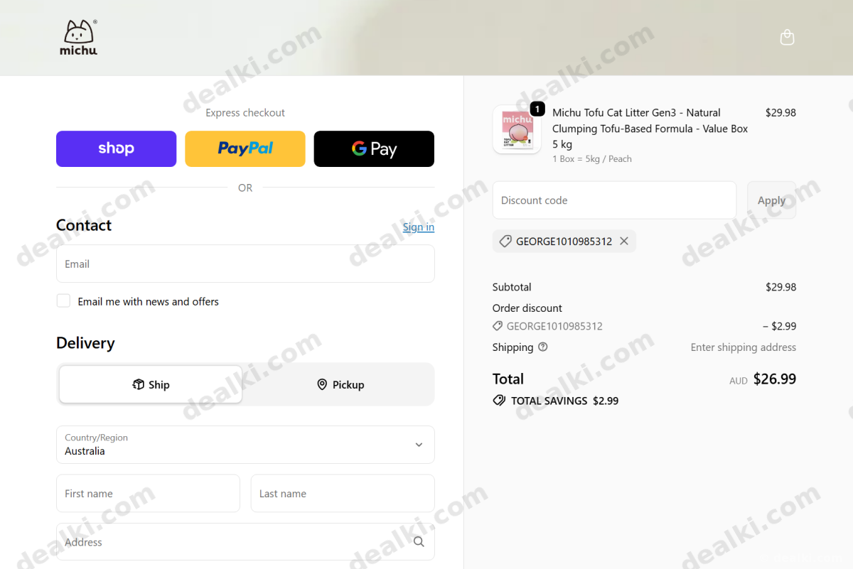 Where to enter Michu Australia coupon code at checkout