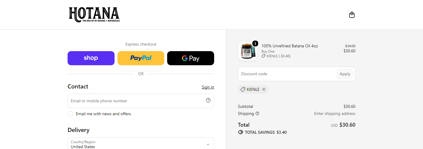 Where to enter Hotana coupon code at checkout