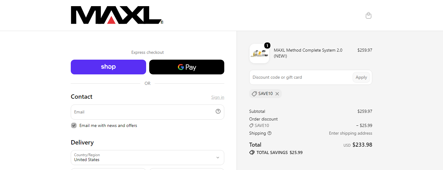 Where to enter MAXL coupon code at checkout