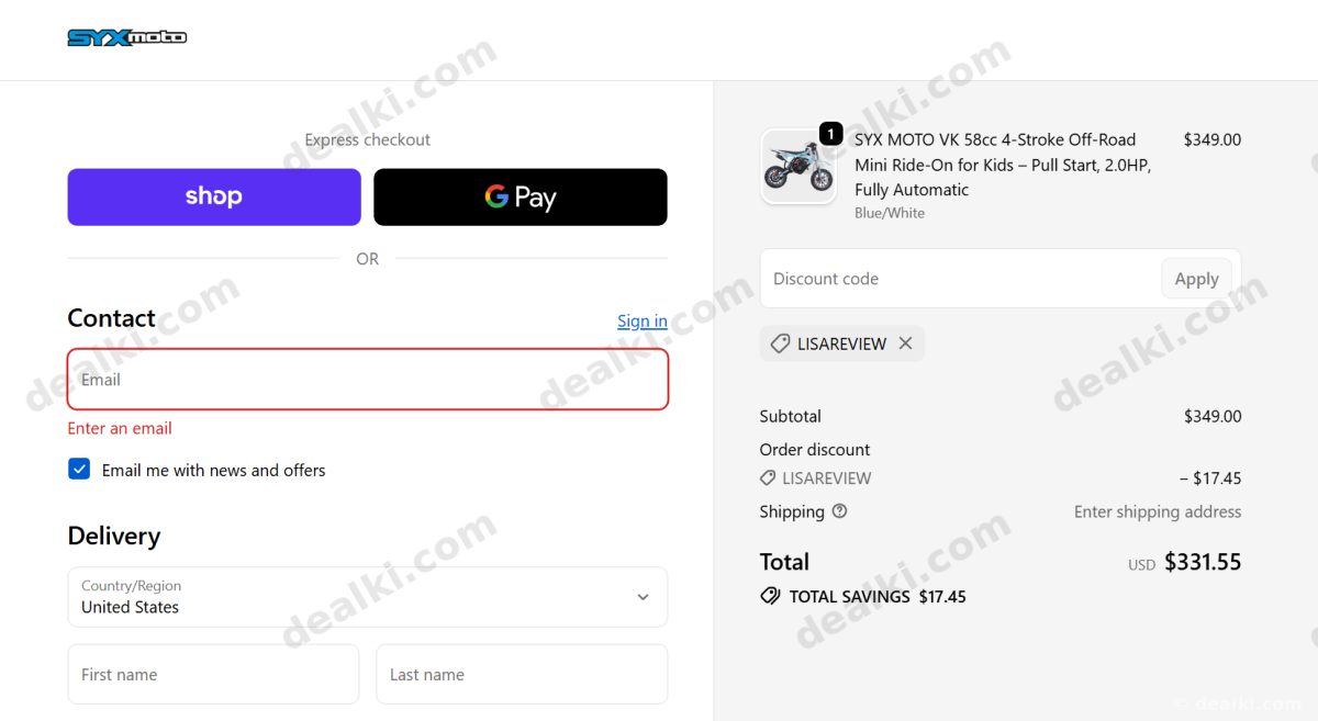 Where to enter Syx Moto coupon code at checkout