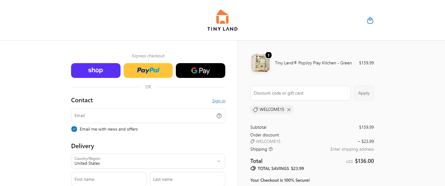 Where to enter Tiny Land coupon code at checkout