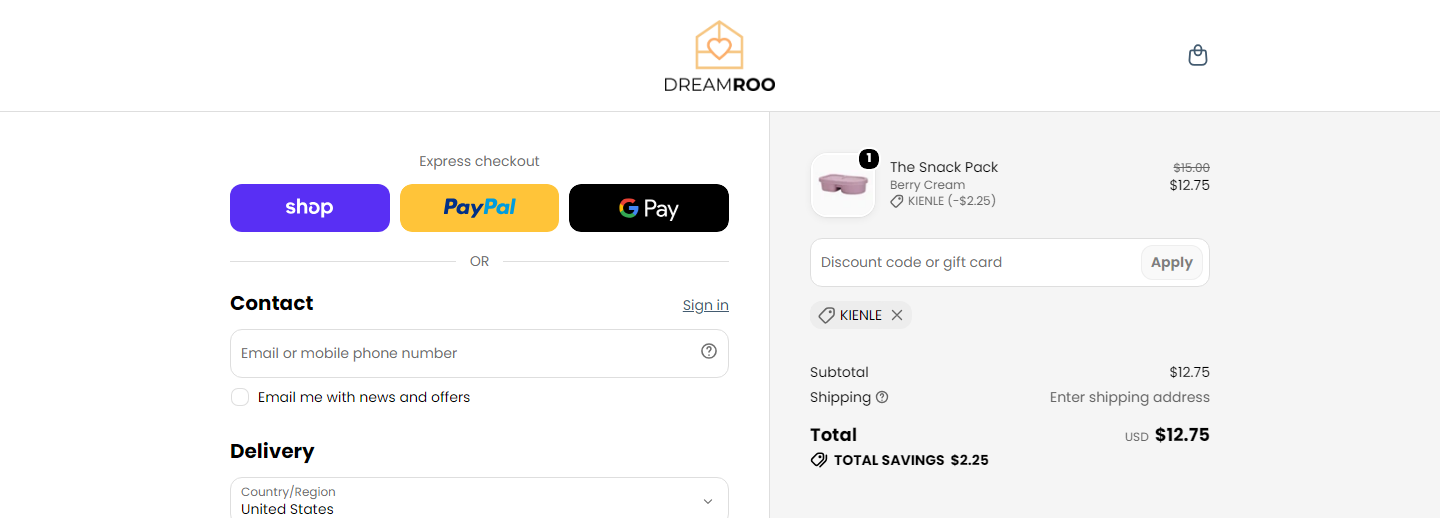 Where to enter Dreamroo coupon code at checkout